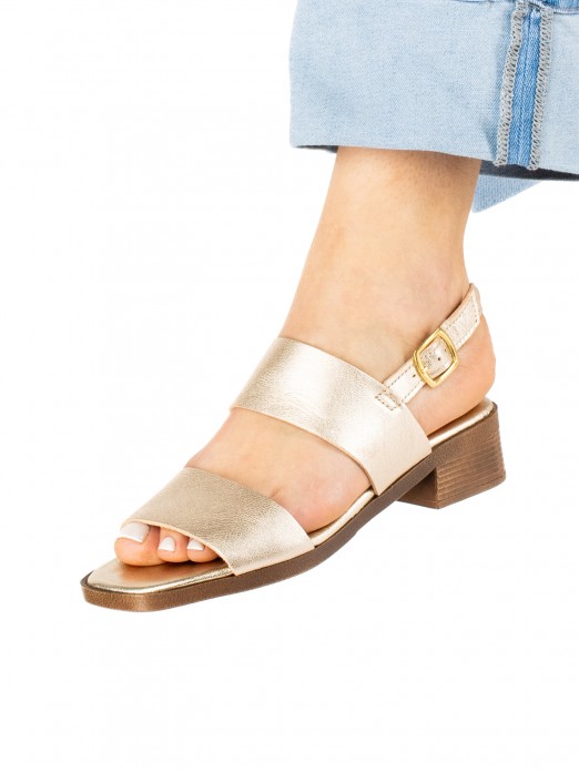 Low-Heel Sandal with Two Metallic Leather Straps