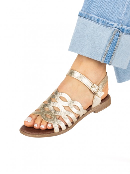 Women's Flat Leather Sandal with Cutouts Women's Flat Leather Sandal with Cutouts