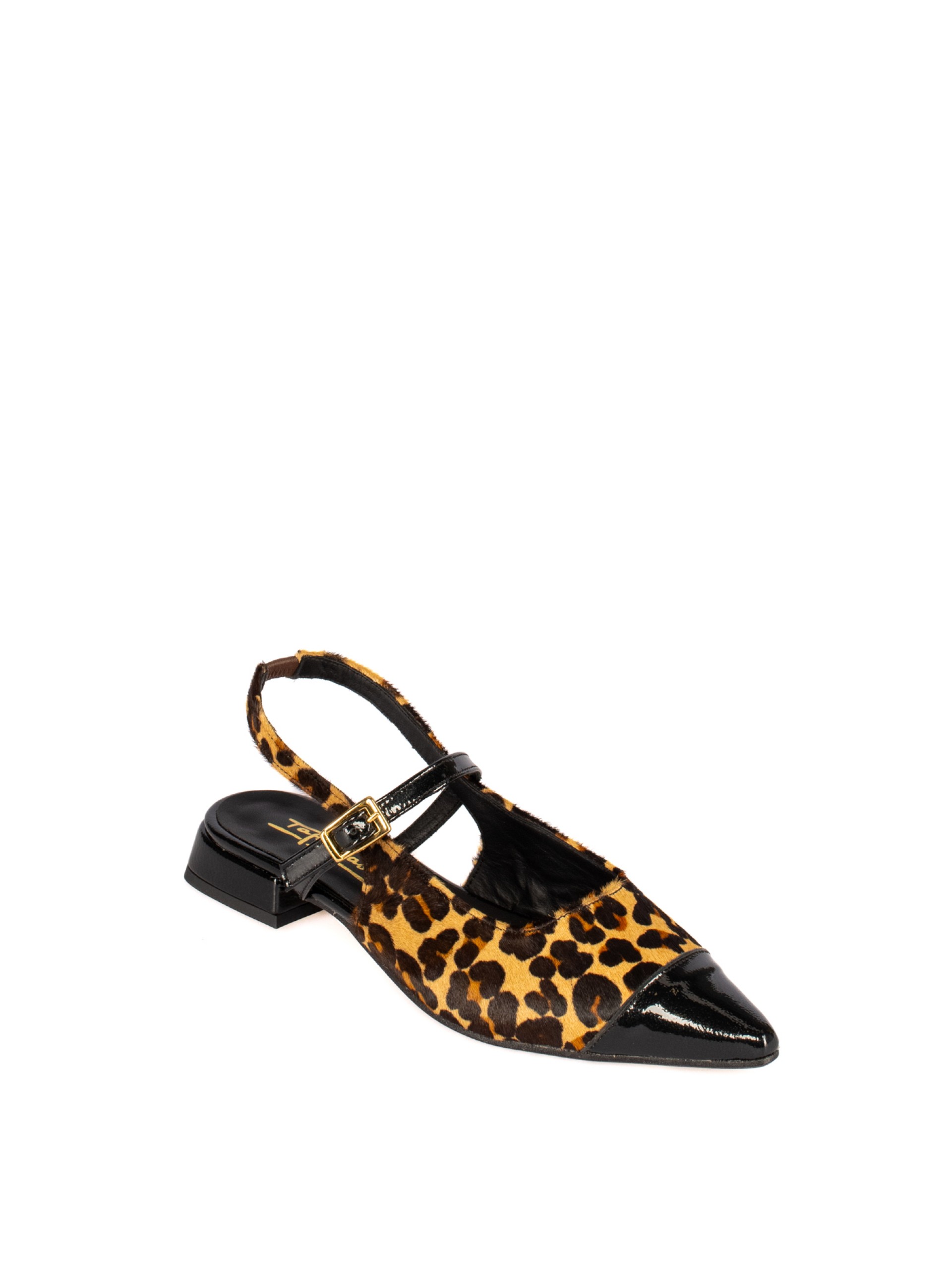 Women’s low-heel shoe in hair-on leather and paten