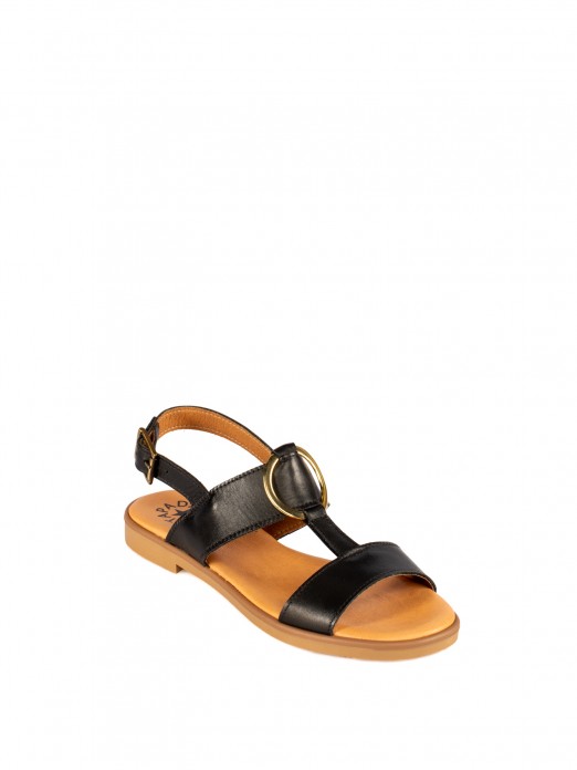 Flat Leather Sandal with Gold Detail Flat Leather Sandal with Gold Detail