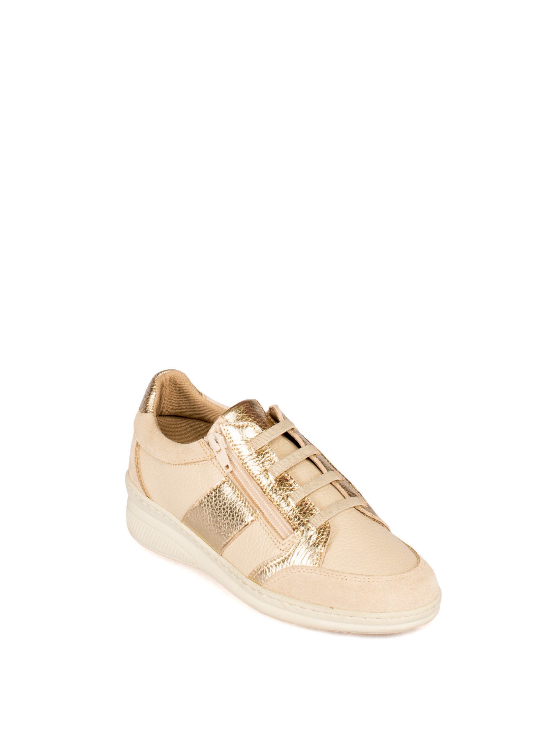 Comfortable leather shoe with laces and zipper.