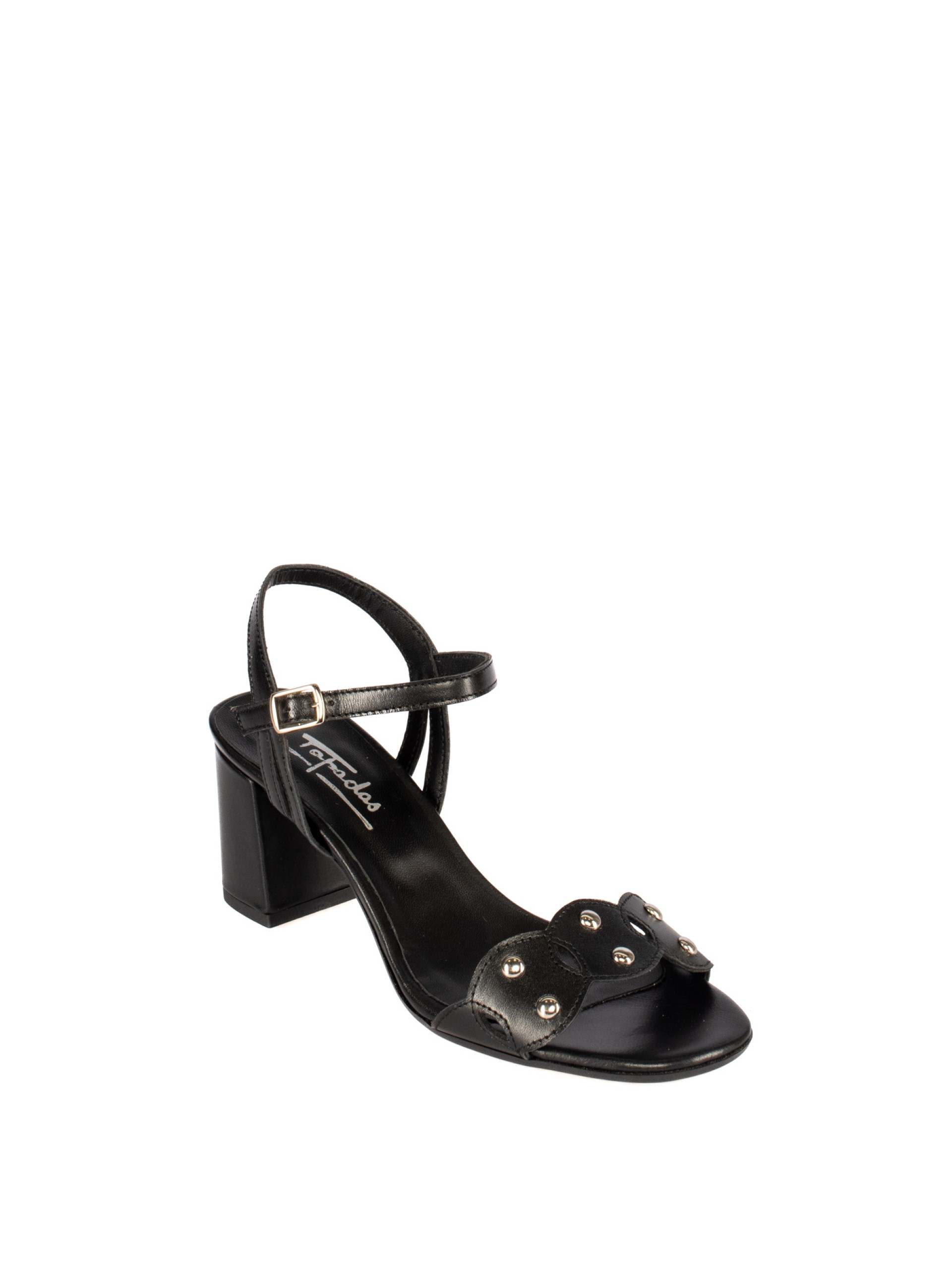 High-heeled leather sandal with studs