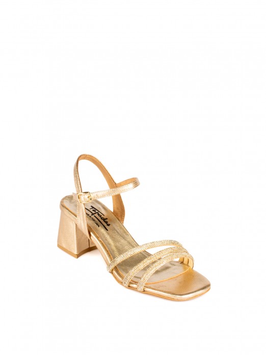 Mid-Heel Metallic Leather Sandal with Rhinestones