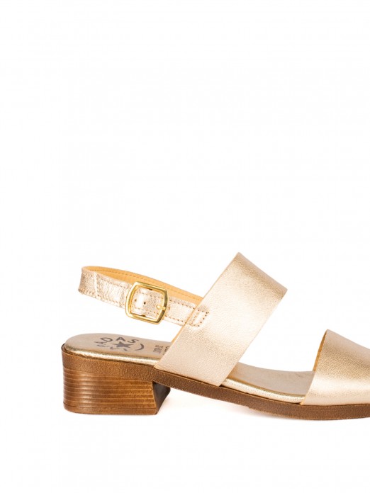 Low-Heel Sandal with Two Metallic Leather Straps