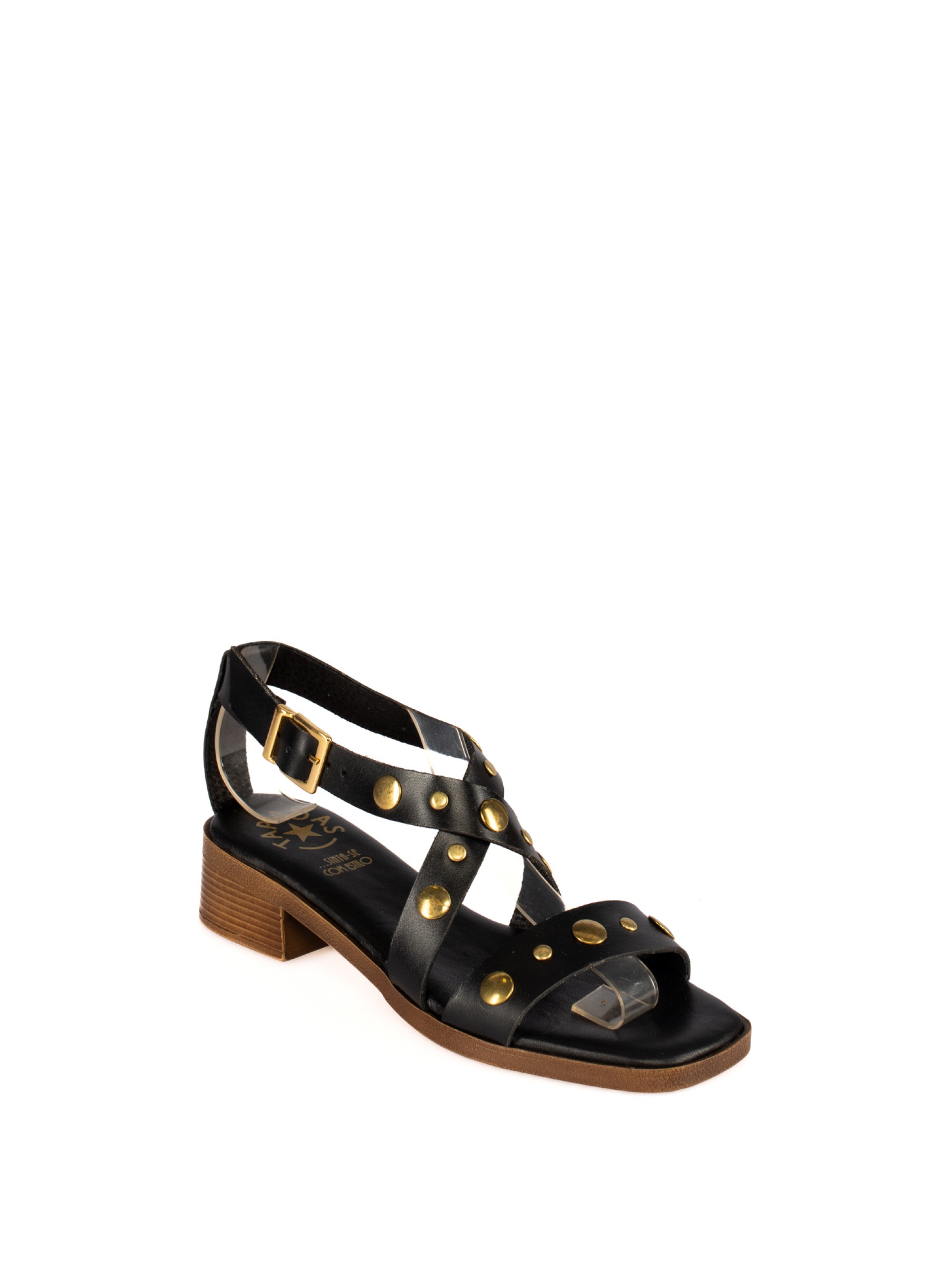 Low-Heel Leather Sandal with Studded Straps