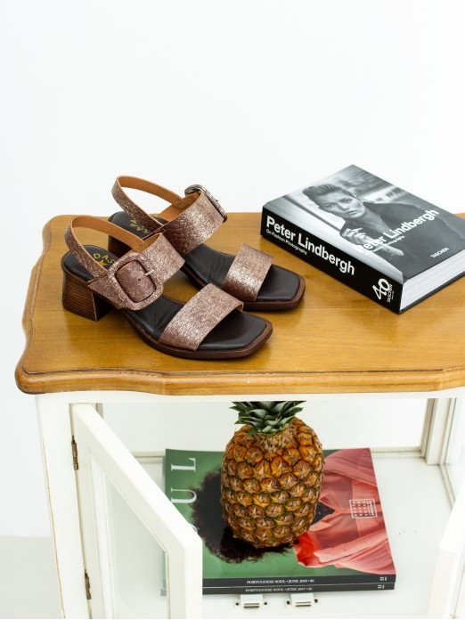 Woven Metallic Leather Sandal with Covered Buckle Woven Metallic Leather Sandal with Covered Buckle
