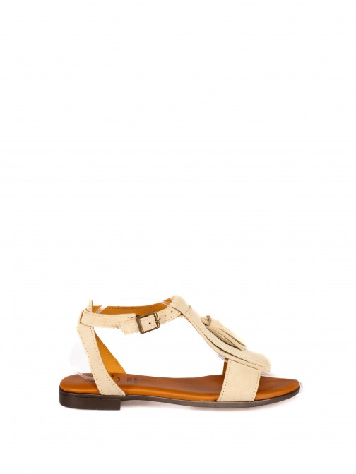 Suede Flat Sandal with Fringe Detail Suede Flat Sandal with Fringe Detail