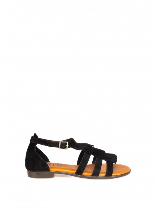 Suede Flat Sandal with Fringe and Strap Detail Suede Flat Sandal with Fringe and Strap Detail