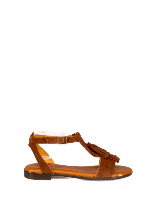 Suede Flat Sandal with Fringe Detail Suede Flat Sandal with Fringe Detail