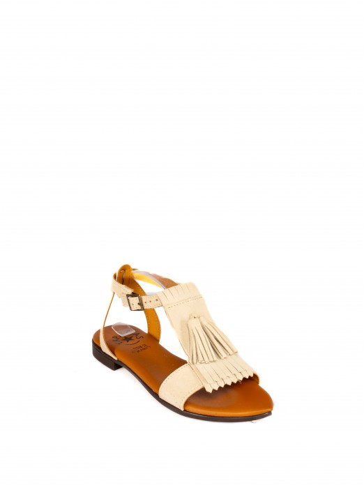Suede Flat Sandal with Fringe Detail Suede Flat Sandal with Fringe Detail