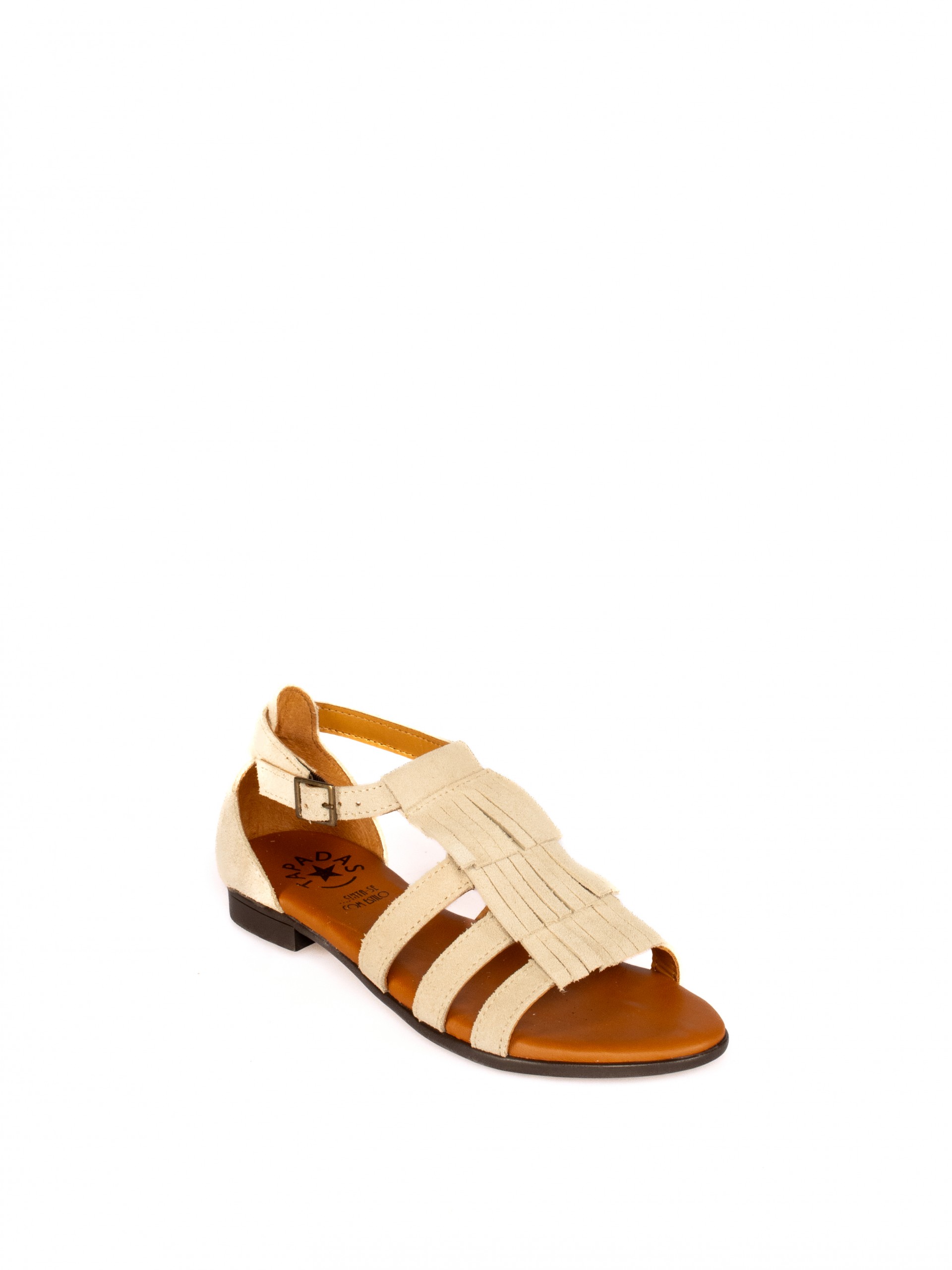 Suede Flat Sandal with Fringe and Strap Detail
