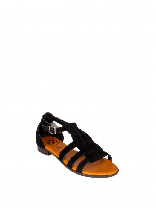Suede Flat Sandal with Fringe and Strap Detail Suede Flat Sandal with Fringe and Strap Detail