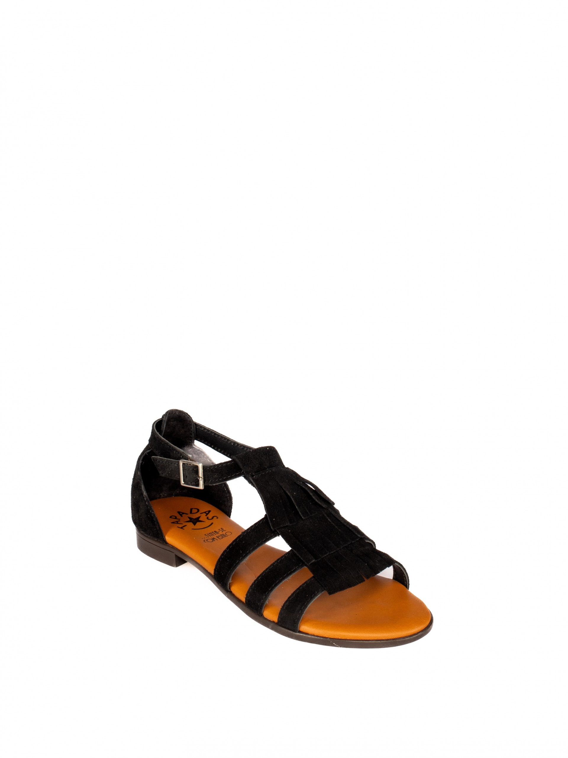 Suede Flat Sandal with Fringe and Strap Detail