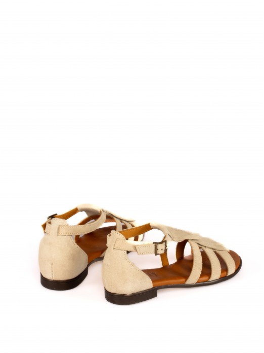 Suede Flat Sandal with Fringe and Strap Detail Suede Flat Sandal with Fringe and Strap Detail