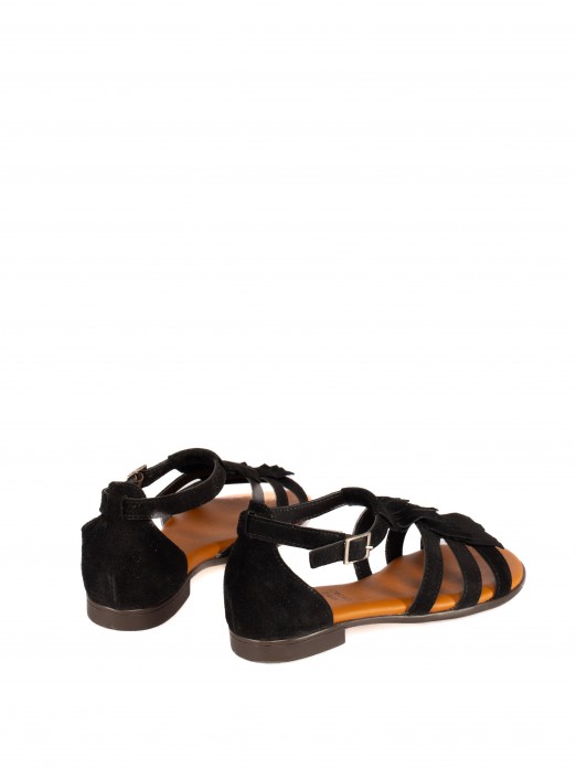 Suede Flat Sandal with Fringe and Strap Detail Suede Flat Sandal with Fringe and Strap Detail