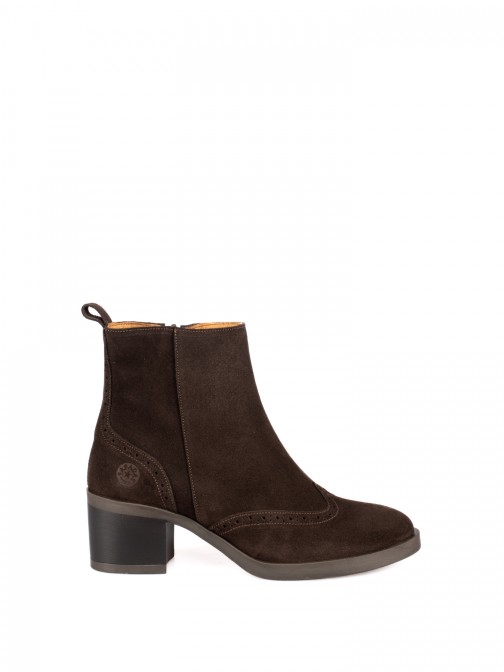 High-Heel Suede Ankle Boots with Brogue Detailing
