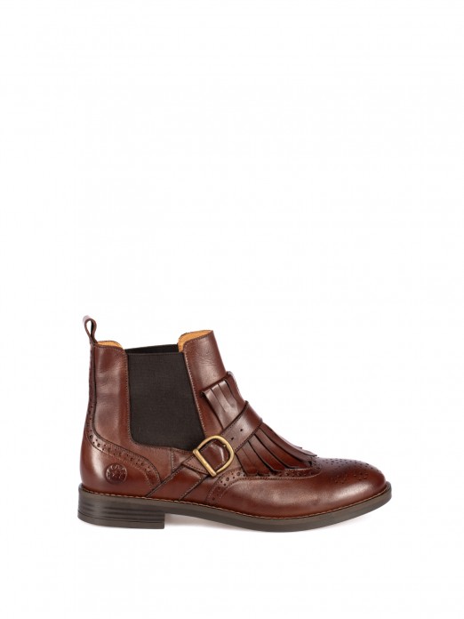 Leather Ankle Boots with Fringes and Buckle