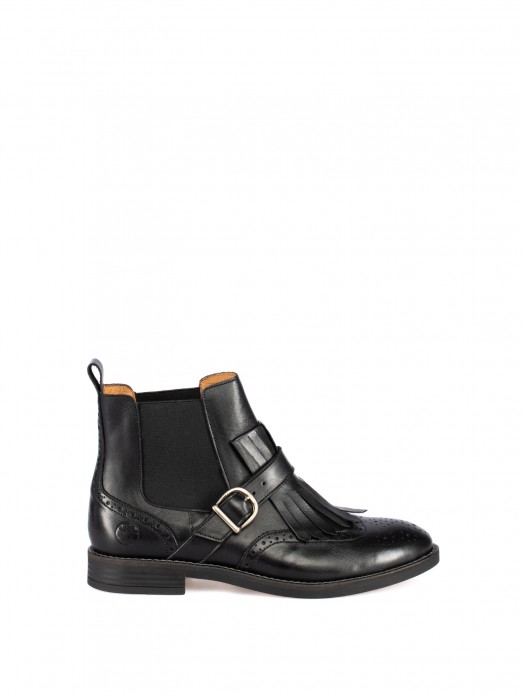 Leather Ankle Boots with Fringes and Buckle