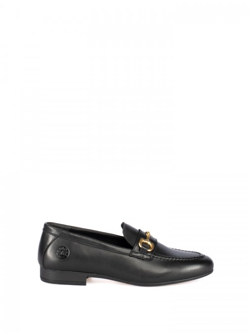 Leather moccasin with gold detail.