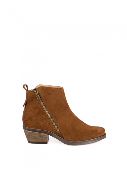 Suede Western Ankle Boots with Side Zip