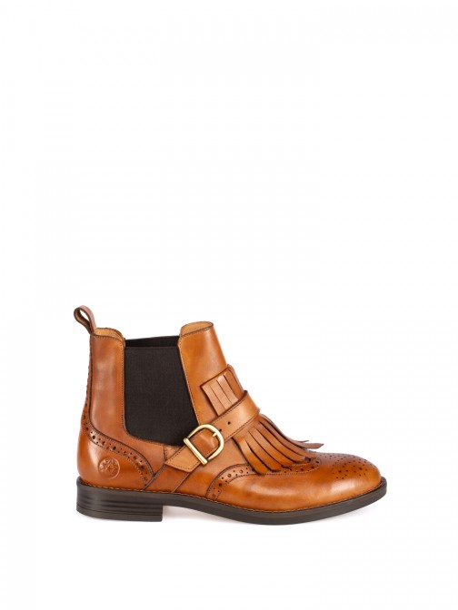 Leather Ankle Boots with Fringes and Buckle