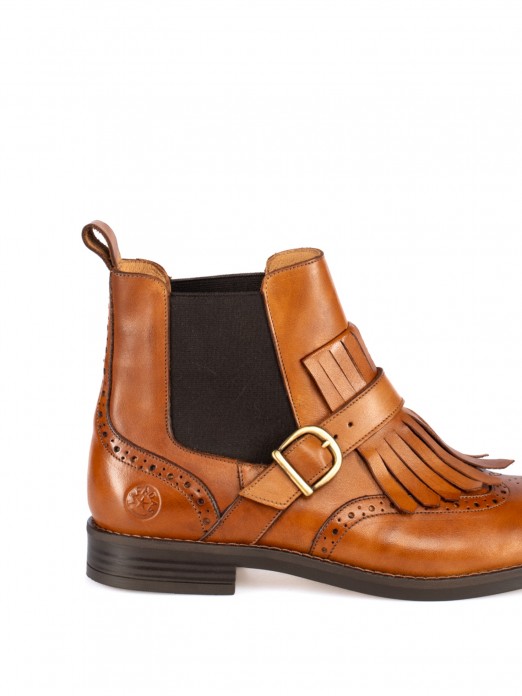 Leather Ankle Boots with Fringes and Buckle