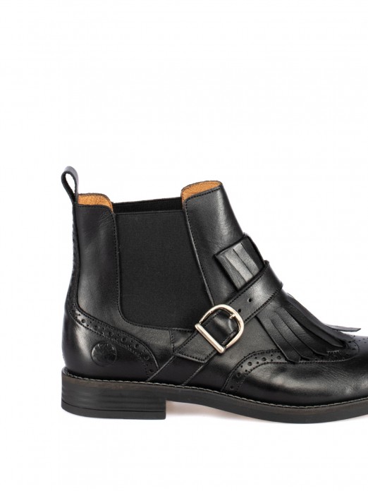Leather Ankle Boots with Fringes and Buckle