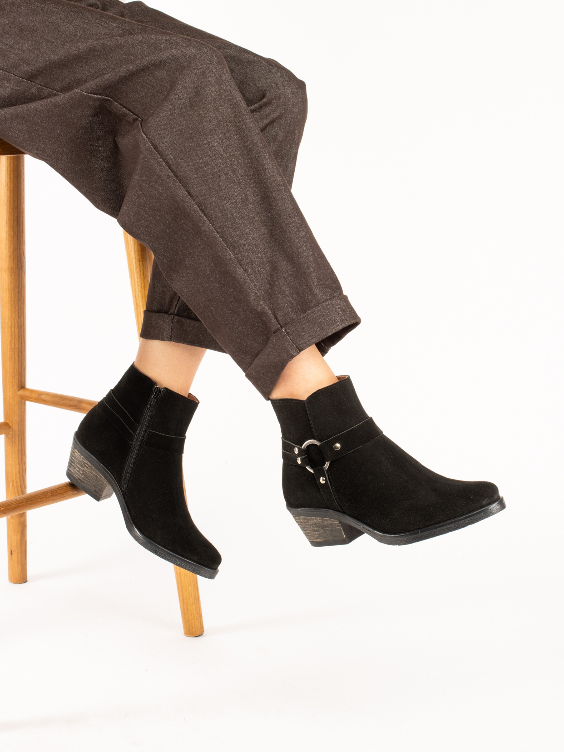 Suede Western Ankle Boots with Embellishment