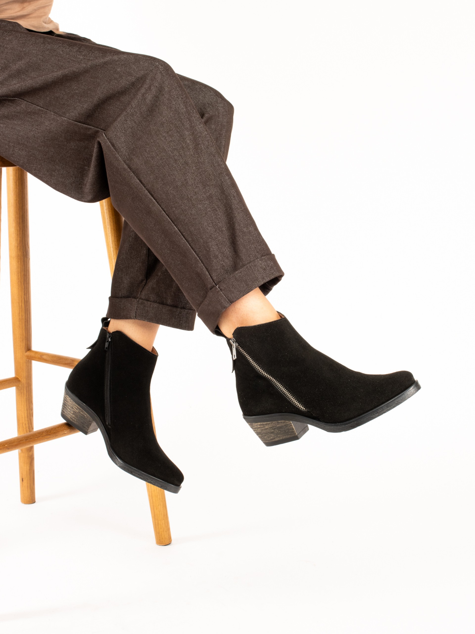 Suede Western Ankle Boots with Side Zip