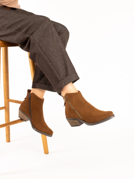 Suede Western Ankle Boots with Side Zip