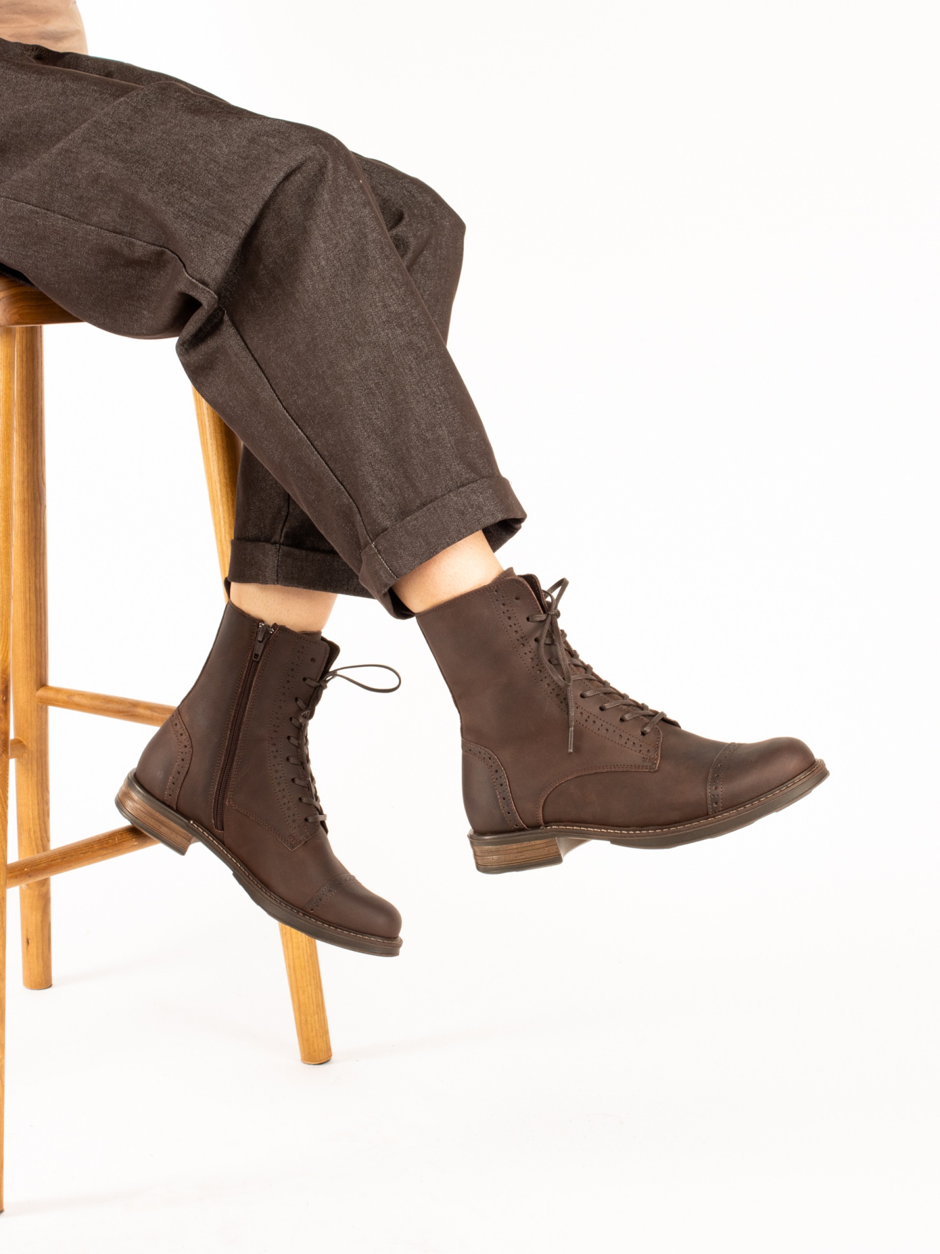 Women's Leather Ankle Boots with Perforated Detail