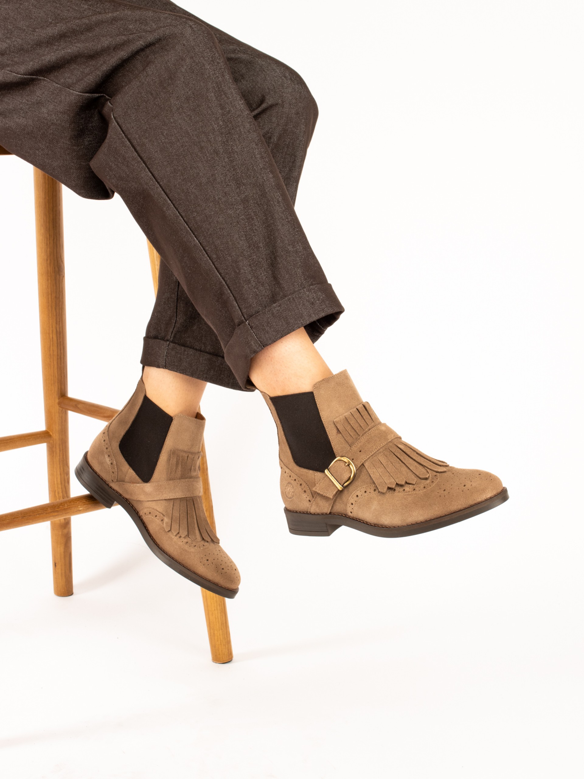 Suede Ankle Boots with Fringes and Buckle