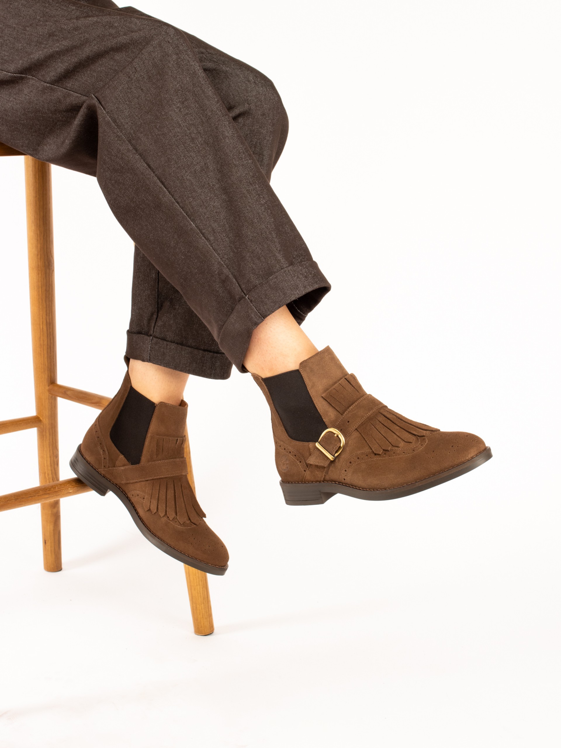 Suede Ankle Boots with Fringes and Buckle