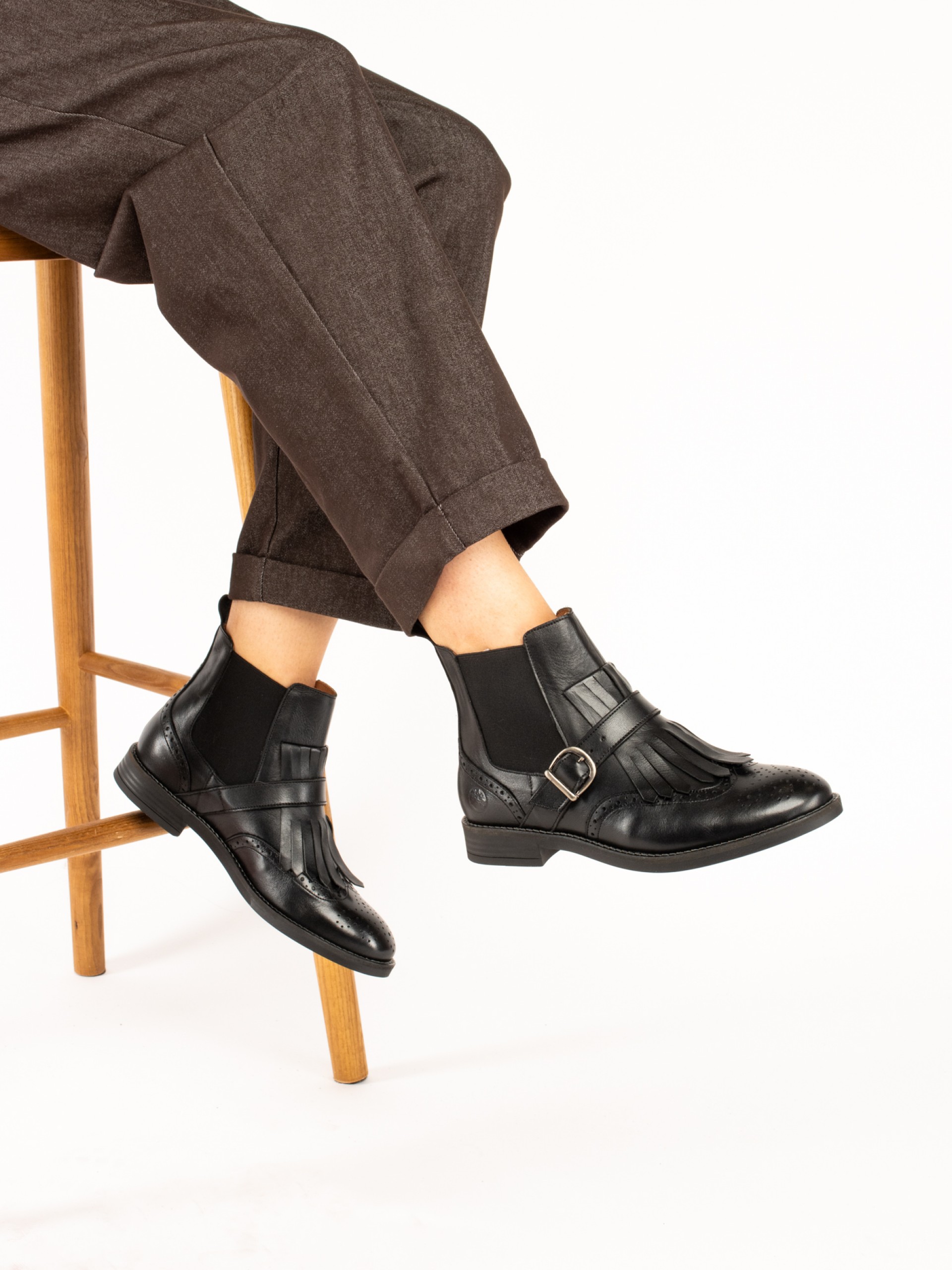 Leather Ankle Boots with Fringes and Buckle