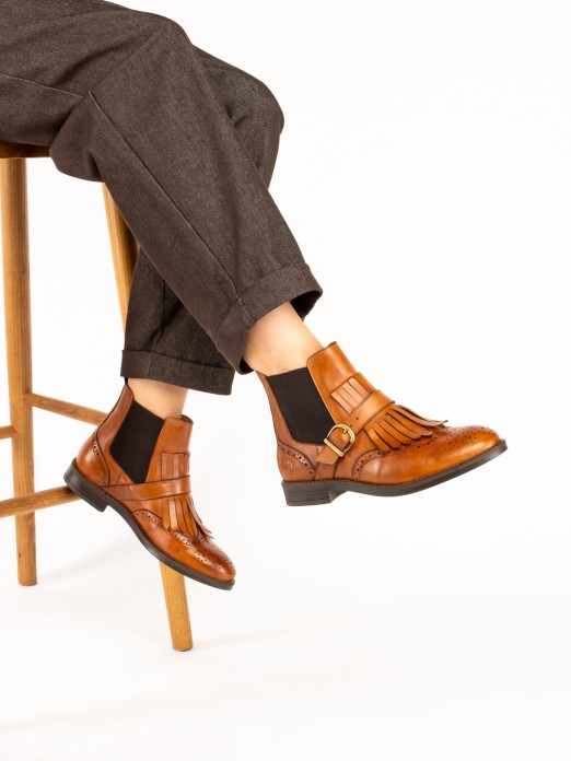 Leather Ankle Boots with Fringes and Buckle