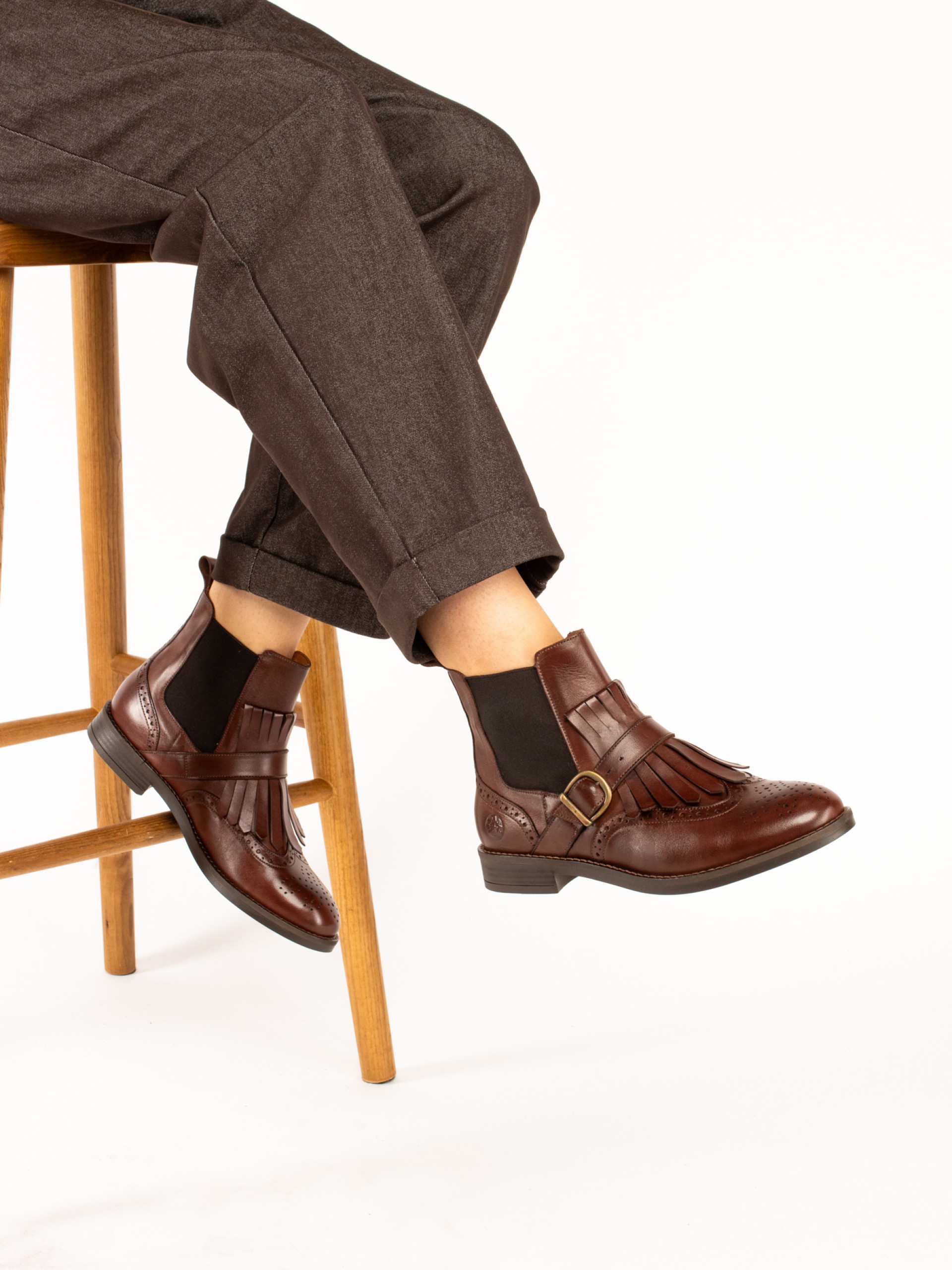Leather Ankle Boots with Fringes and Buckle