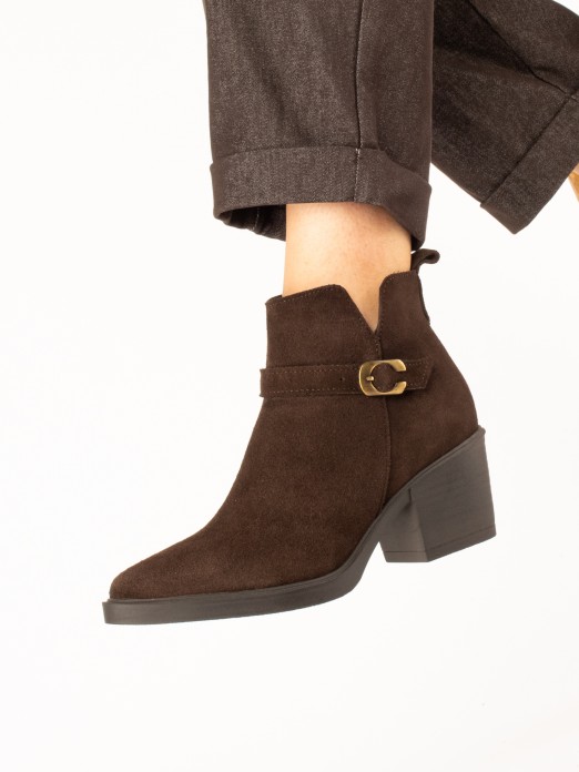 Suede ankle boot with buckle