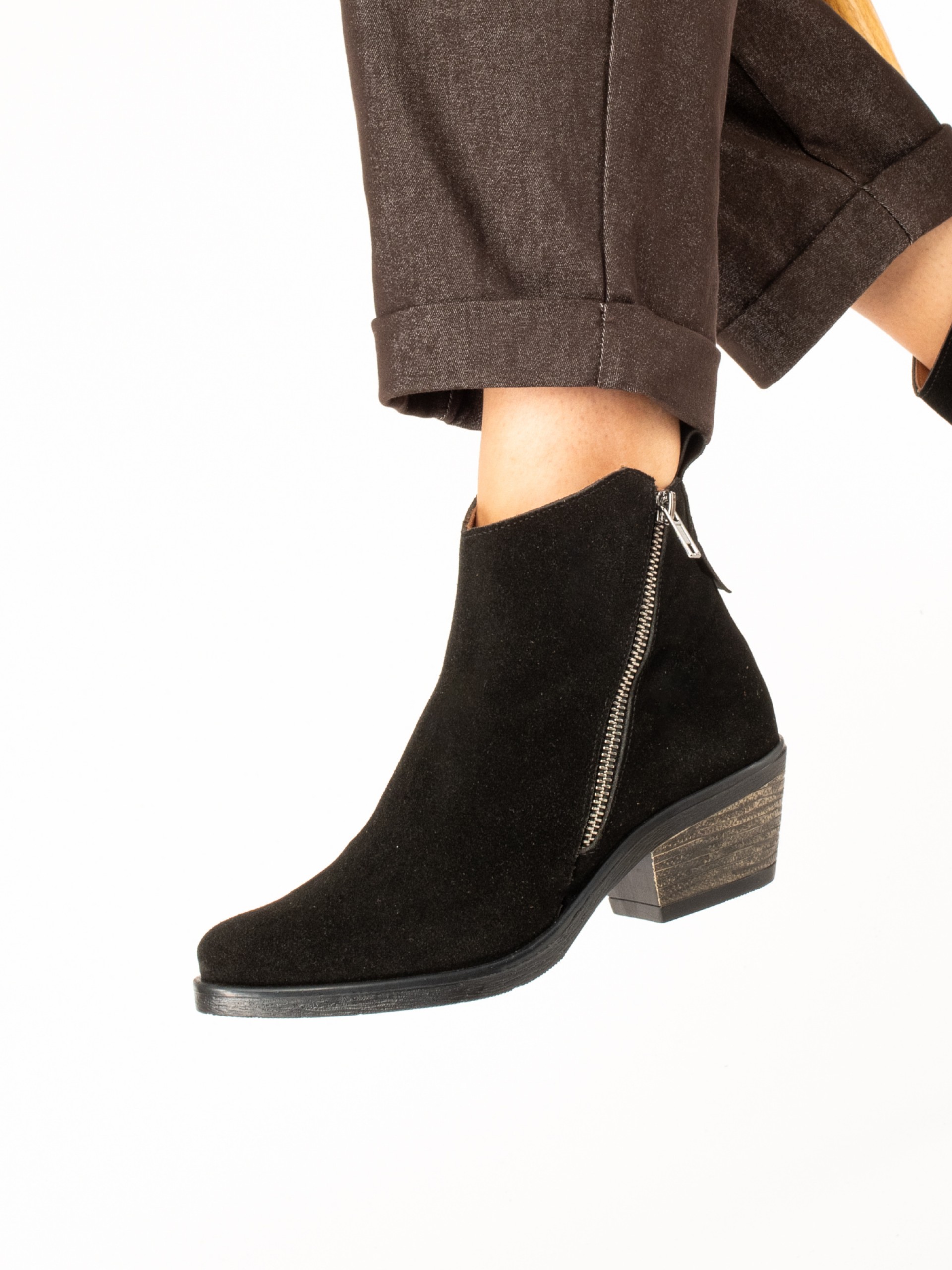 Suede Western Ankle Boots with Side Zip