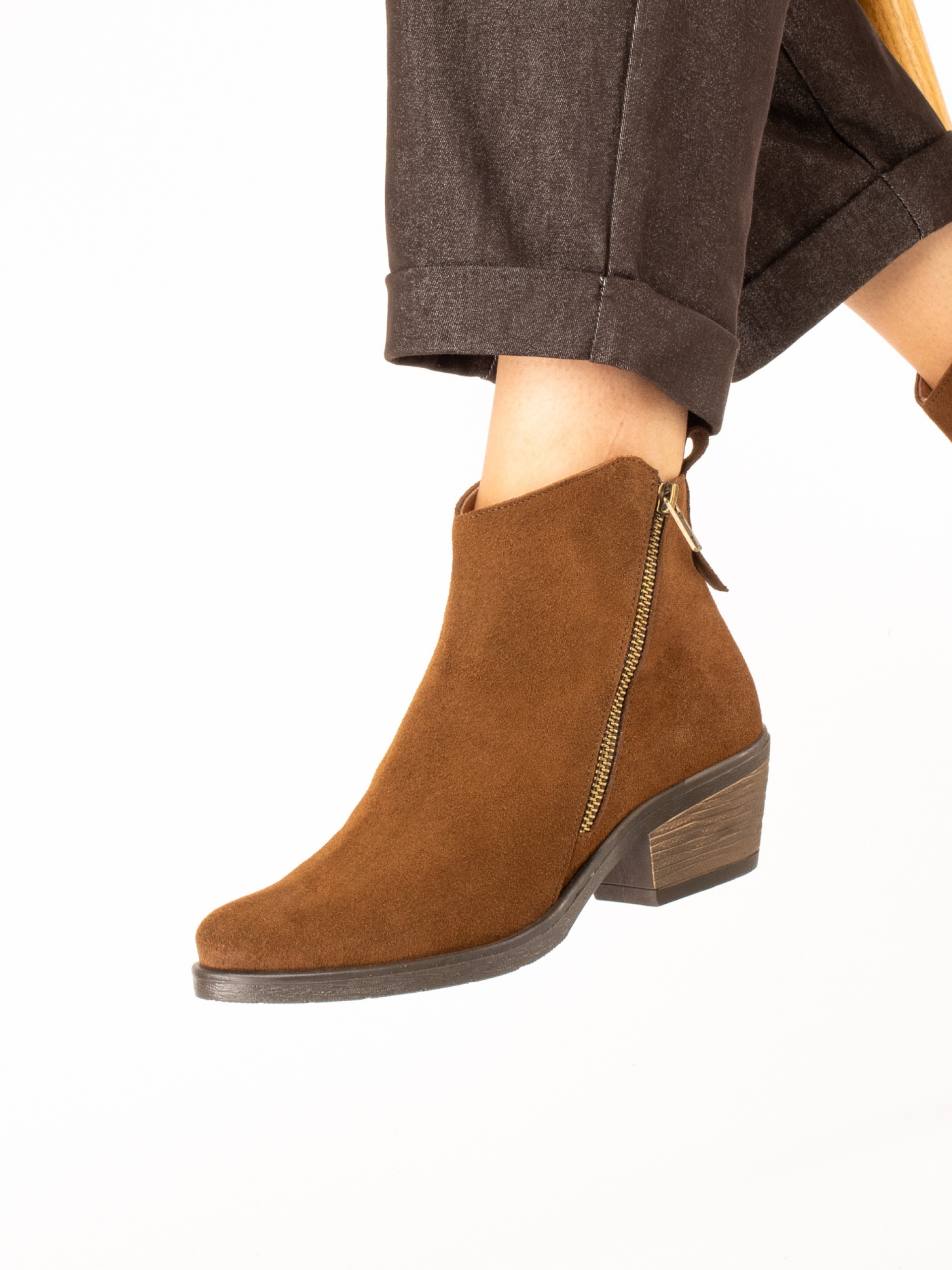 Suede Western Ankle Boots with Side Zip
