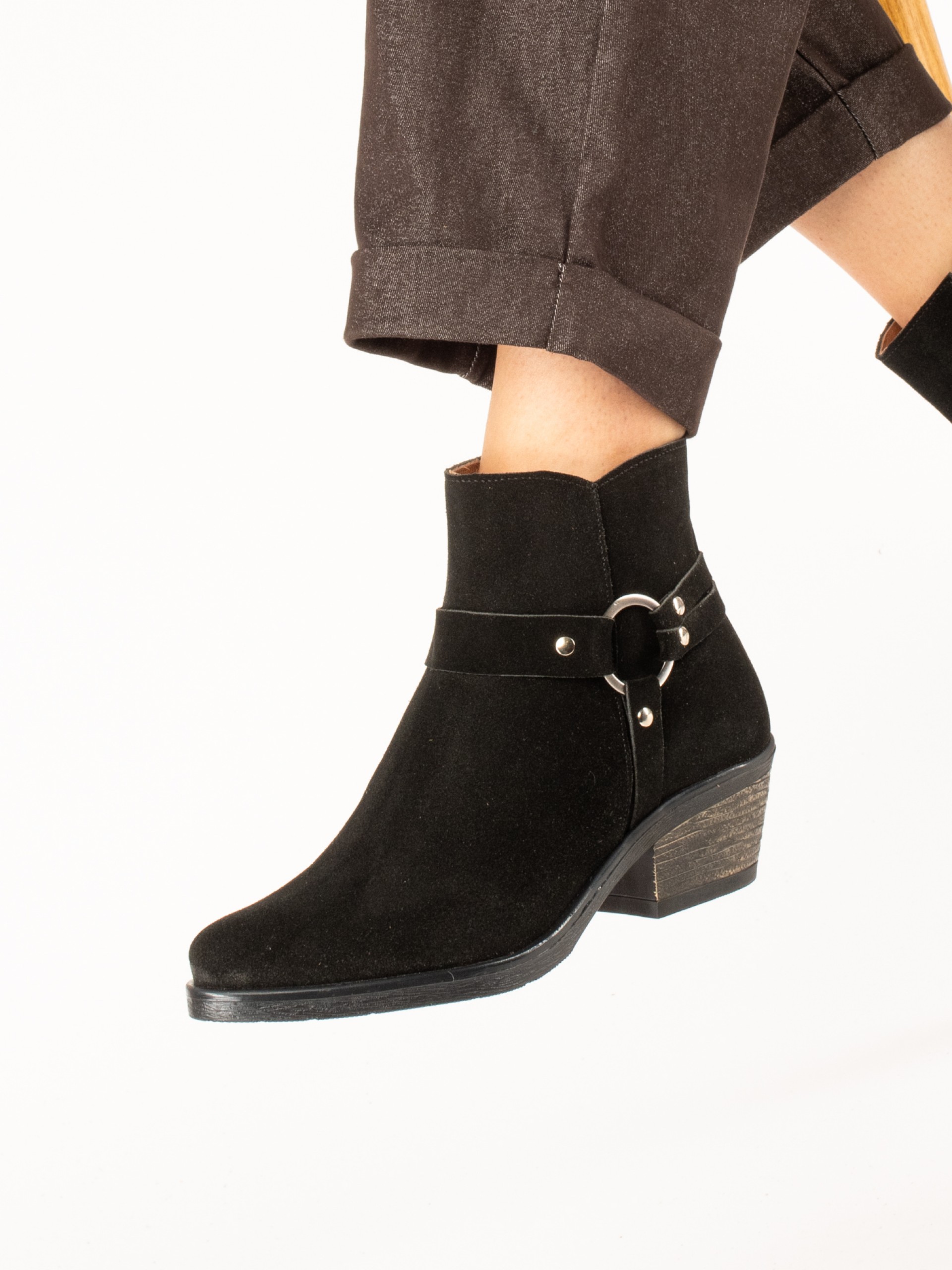 Suede Western Ankle Boots with Embellishment