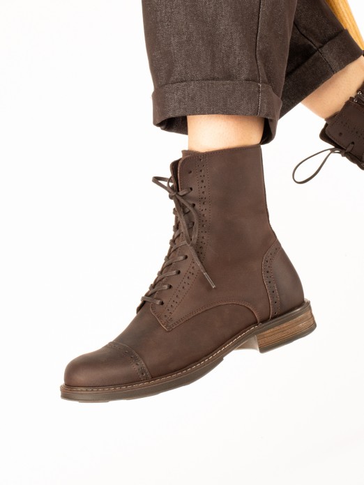 Women's Leather Ankle Boots with Perforated Detail