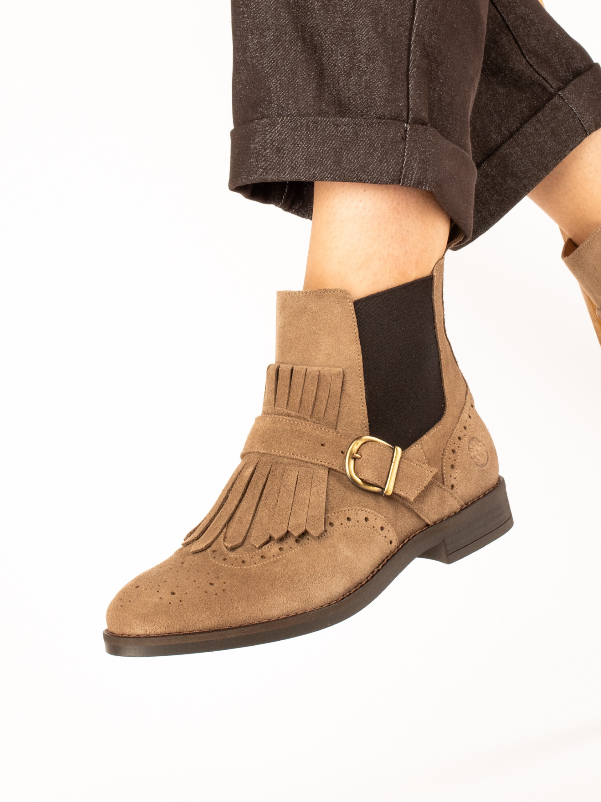 Suede Ankle Boots with Fringes and Buckle