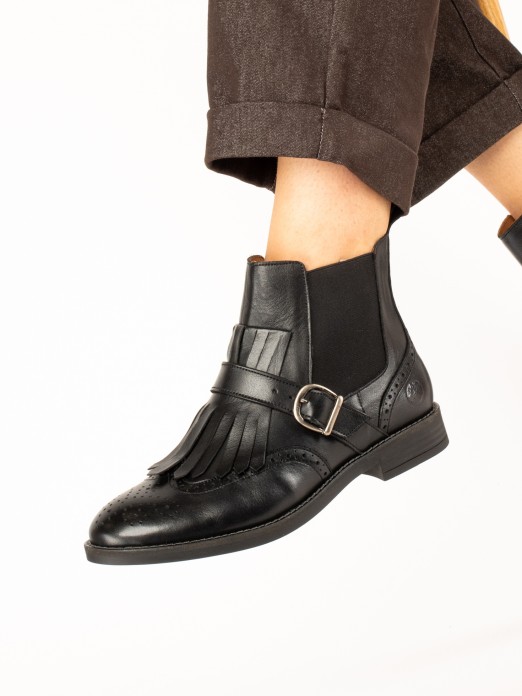 Leather Ankle Boots with Fringes and Buckle