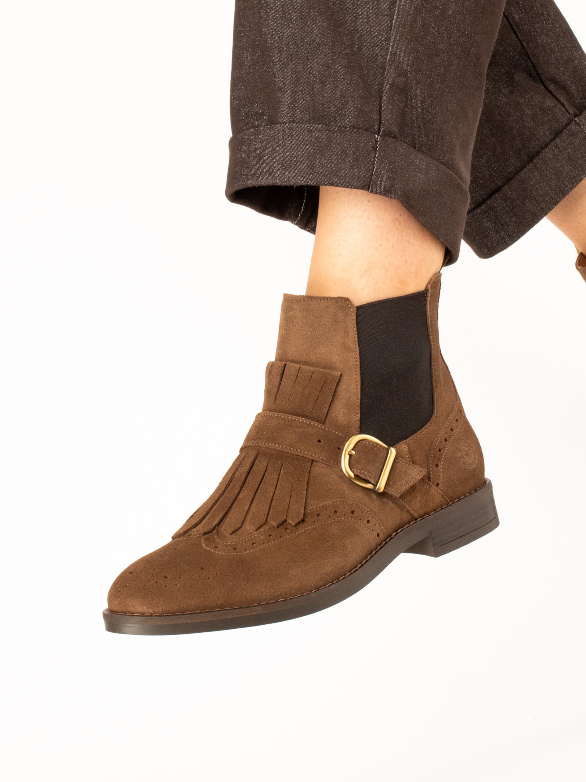 Suede Ankle Boots with Fringes and Buckle