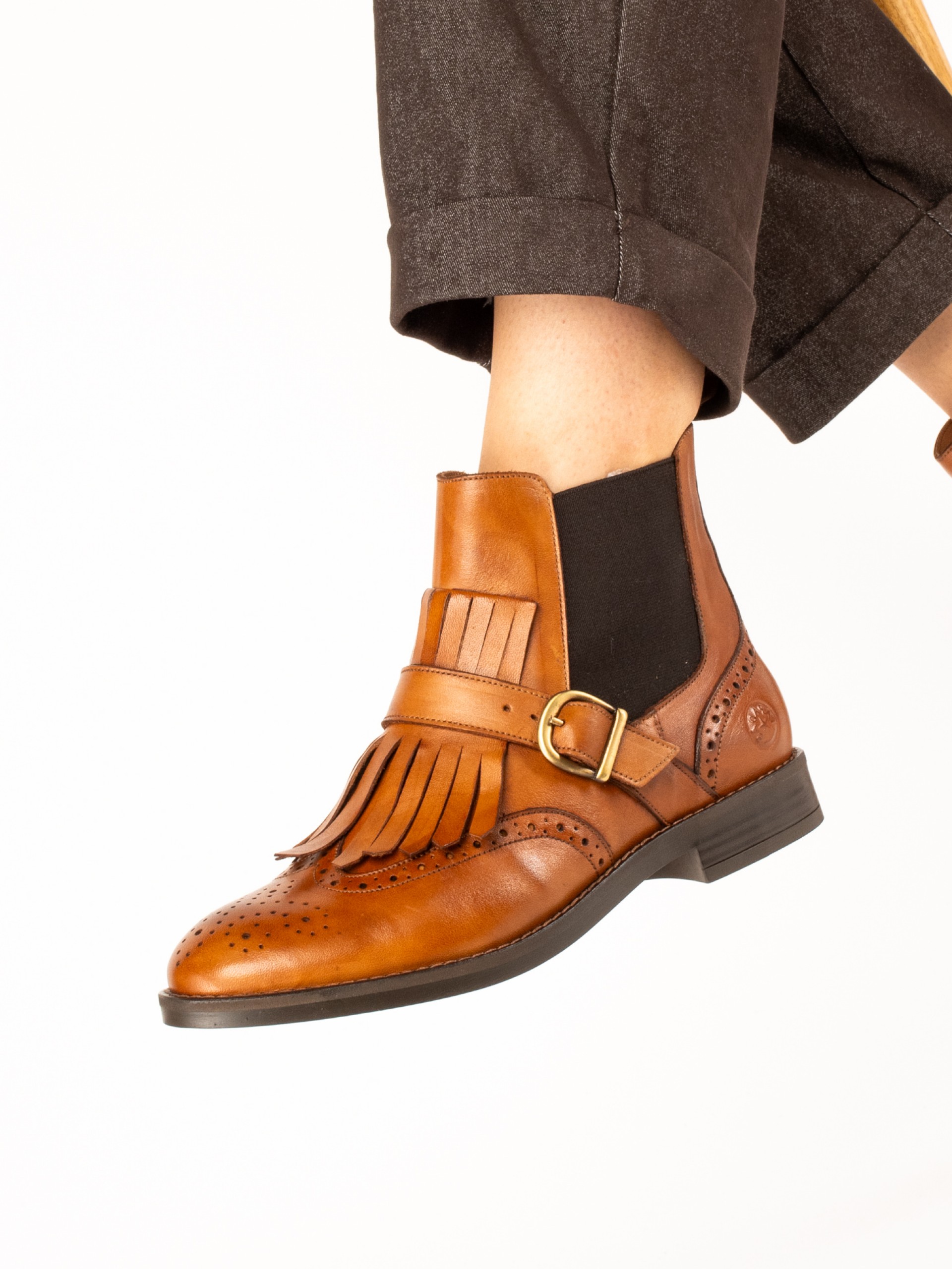 Leather Ankle Boots with Fringes and Buckle