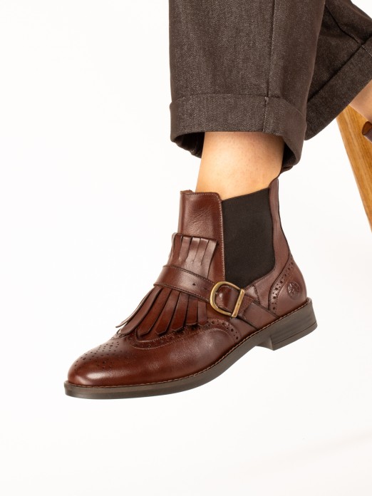 Leather Ankle Boots with Fringes and Buckle