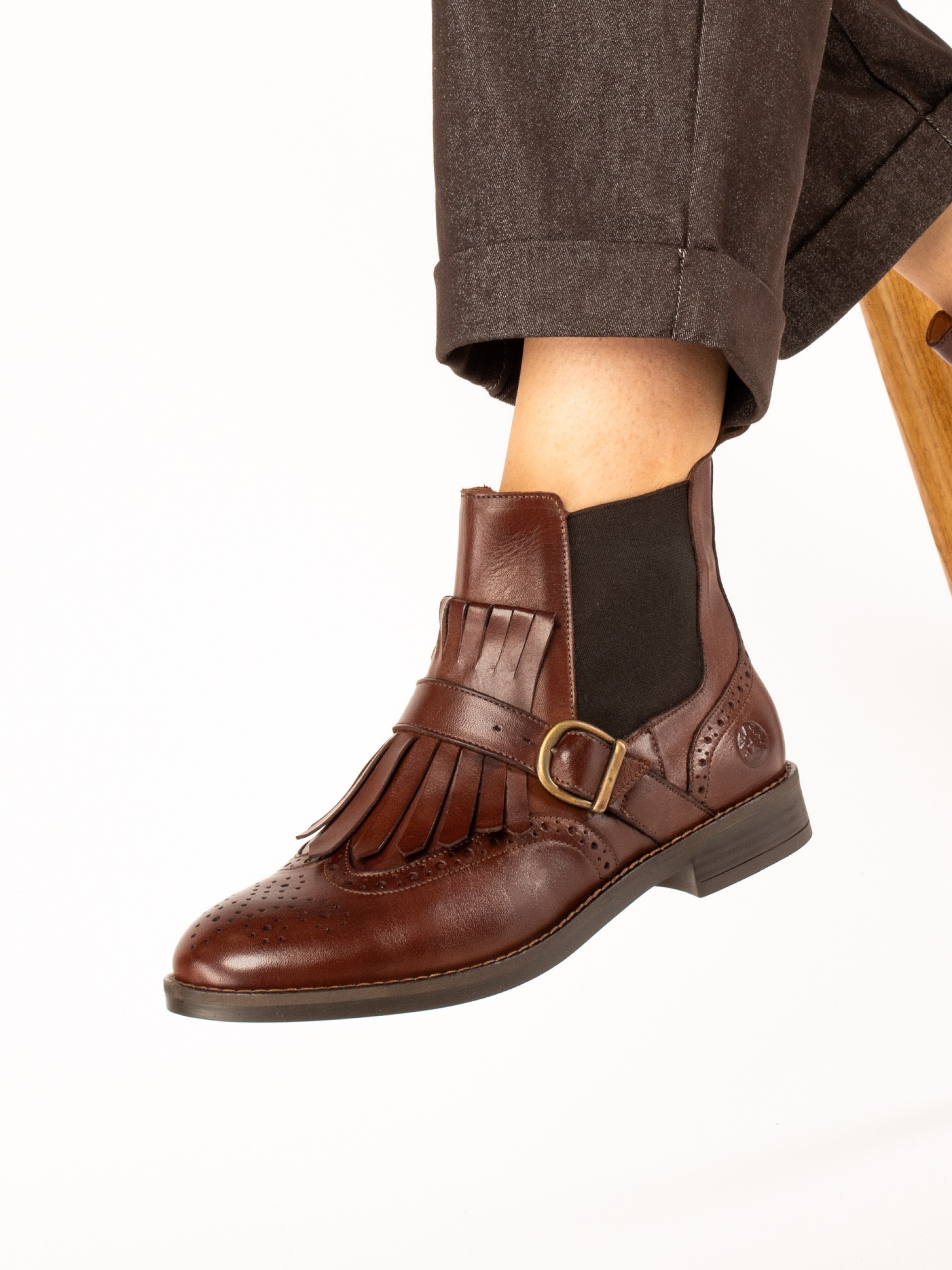 Leather Ankle Boots with Fringes and Buckle