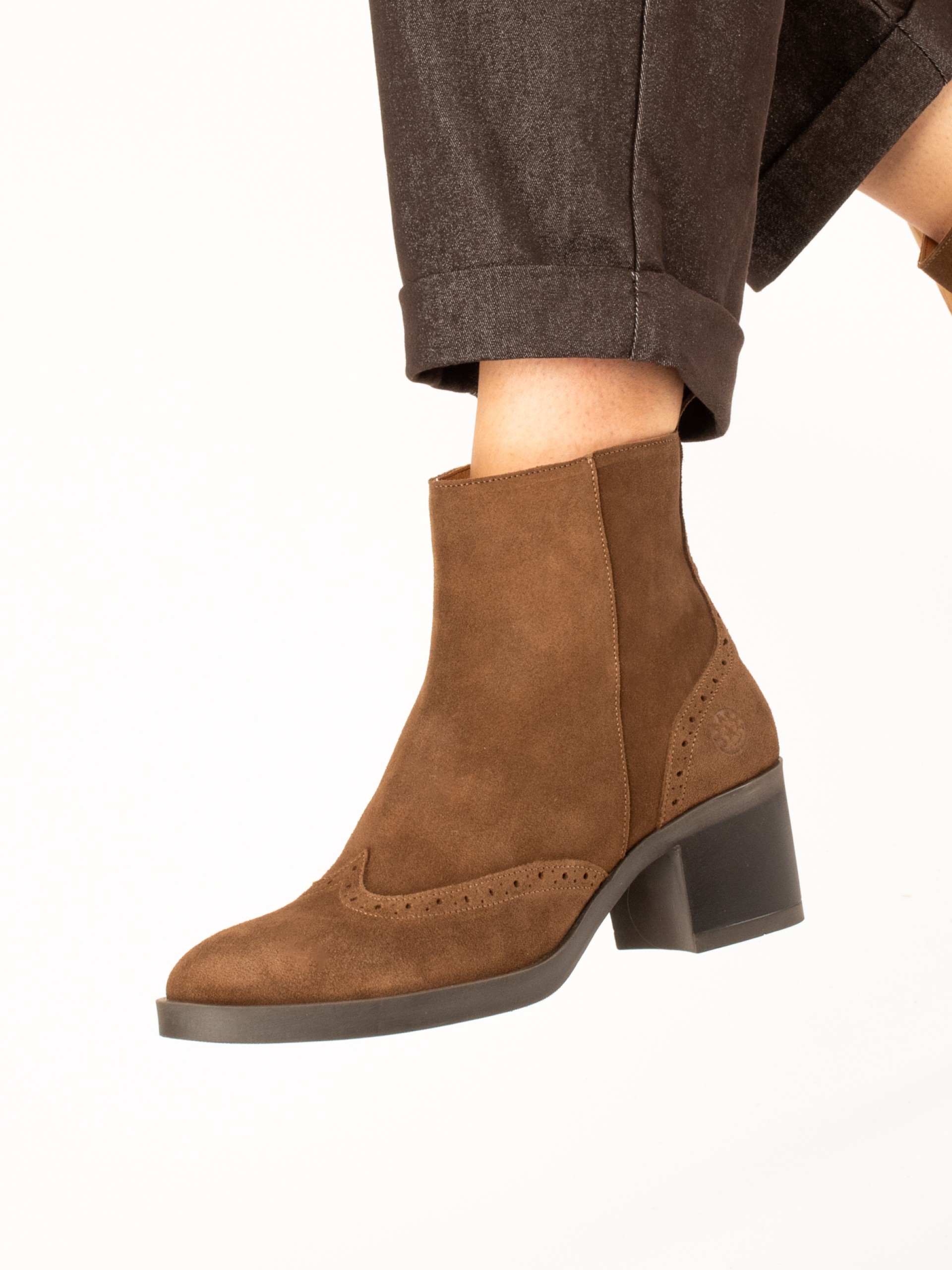 High-Heel Suede Ankle Boots with Brogue Detailing