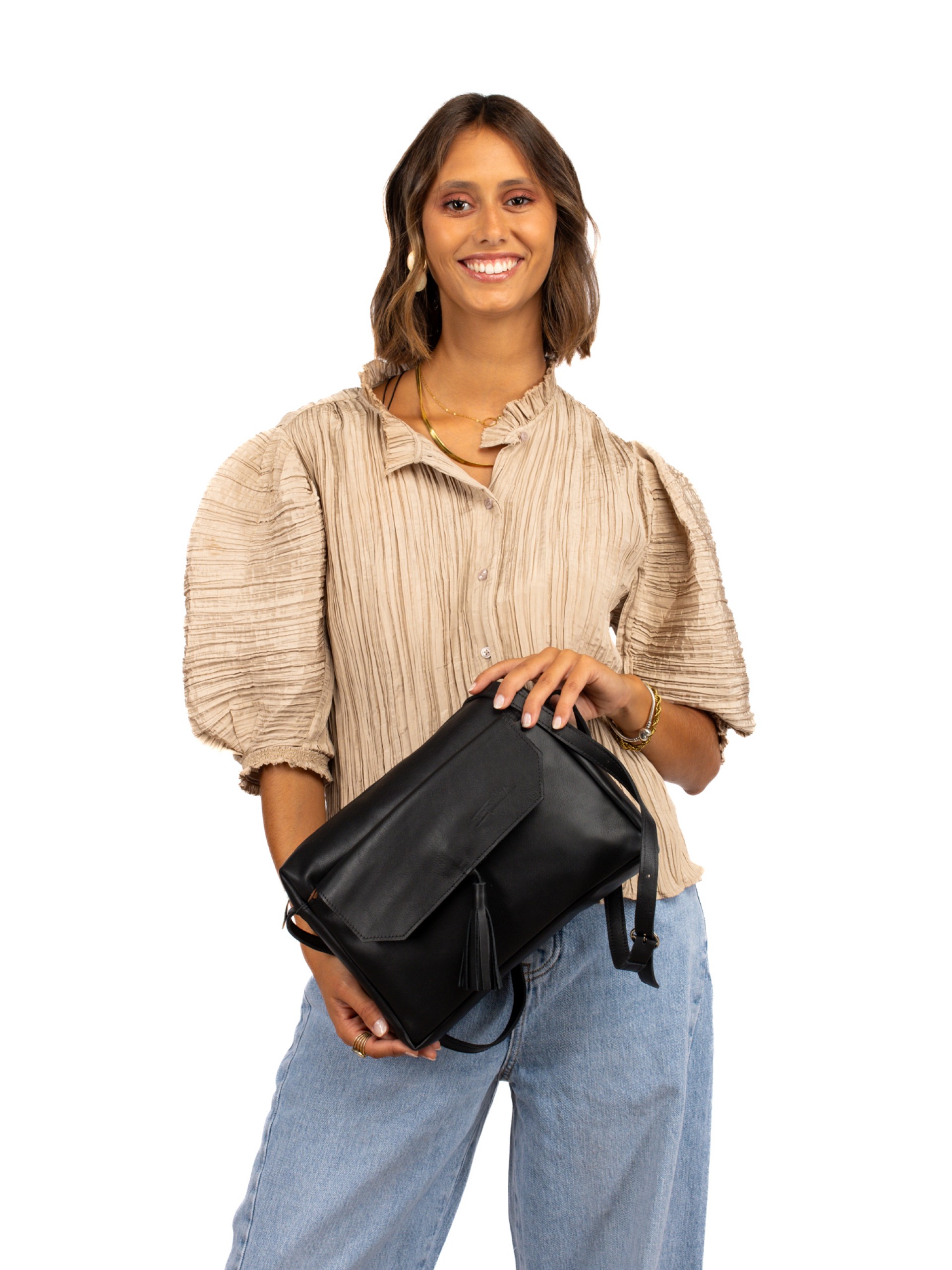 Leather shoulder bag with charm