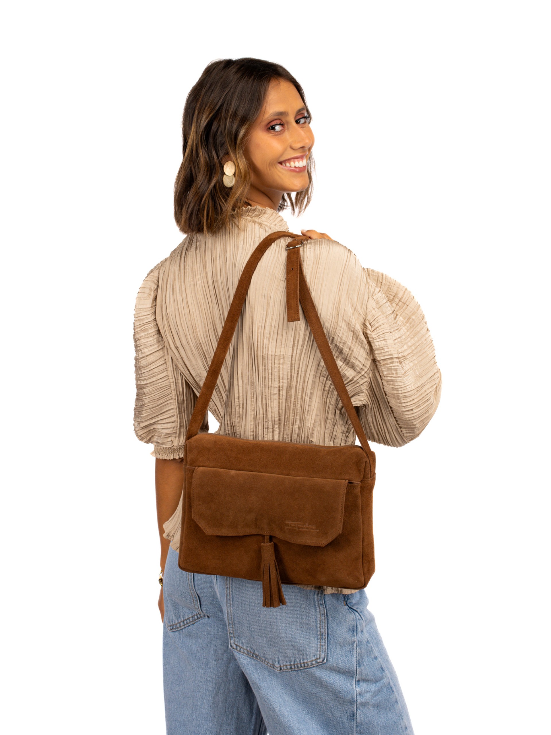 Suede shoulder bag with charm